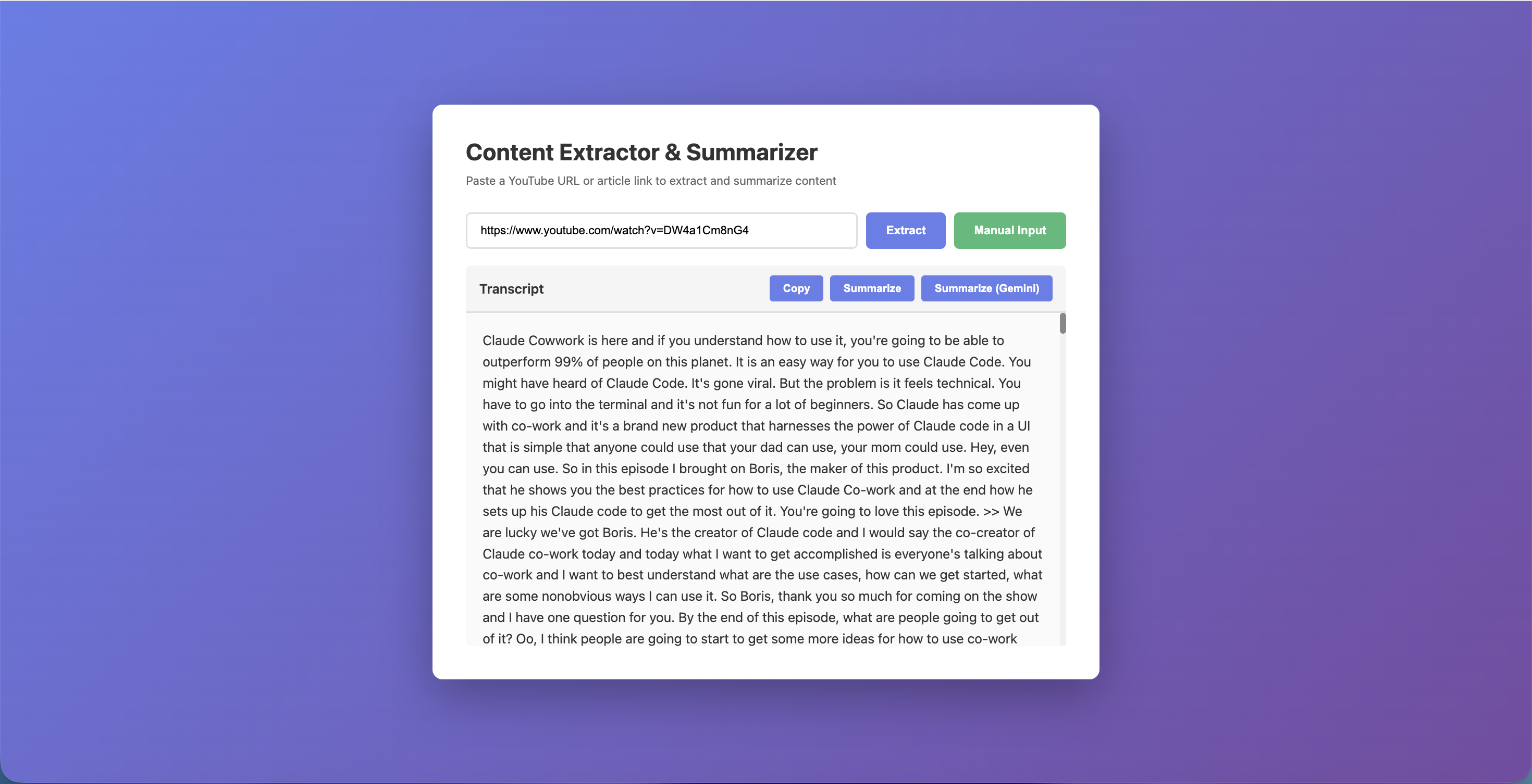YouTube transcript summarizer screenshot